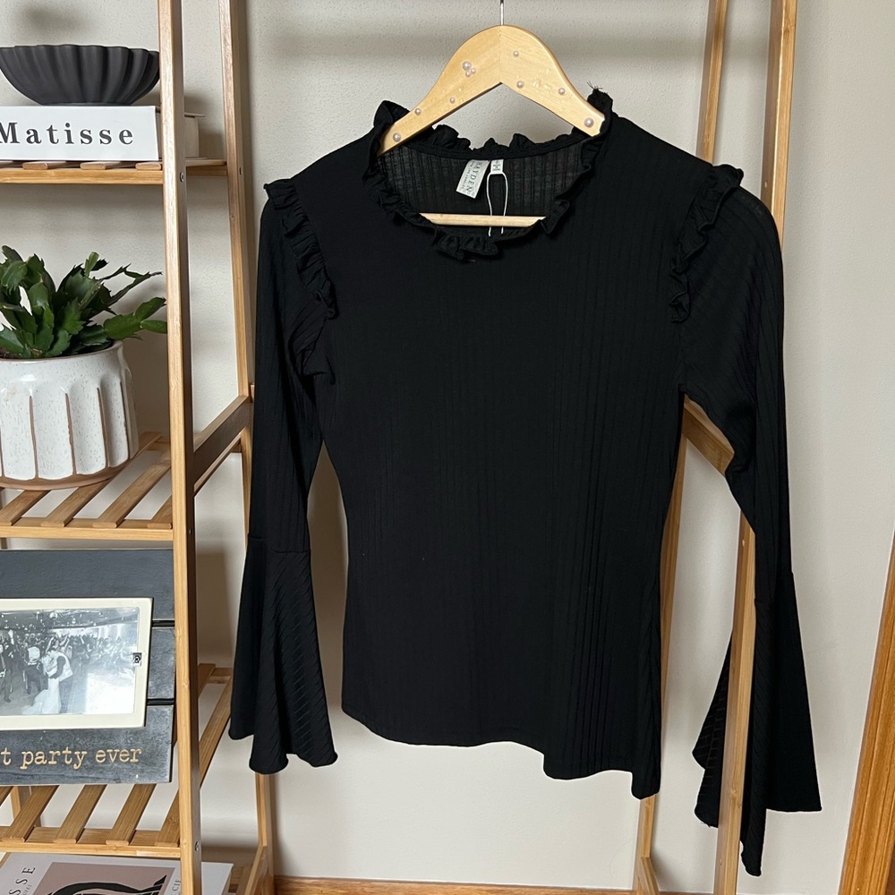 Ribbed Bell Sleeve Black Ruffle Neck Top